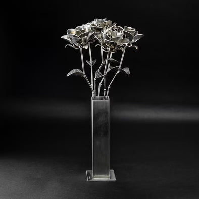 Half Dozen Metal Roses and Vase, Six Recycled Metal Roses and Vase